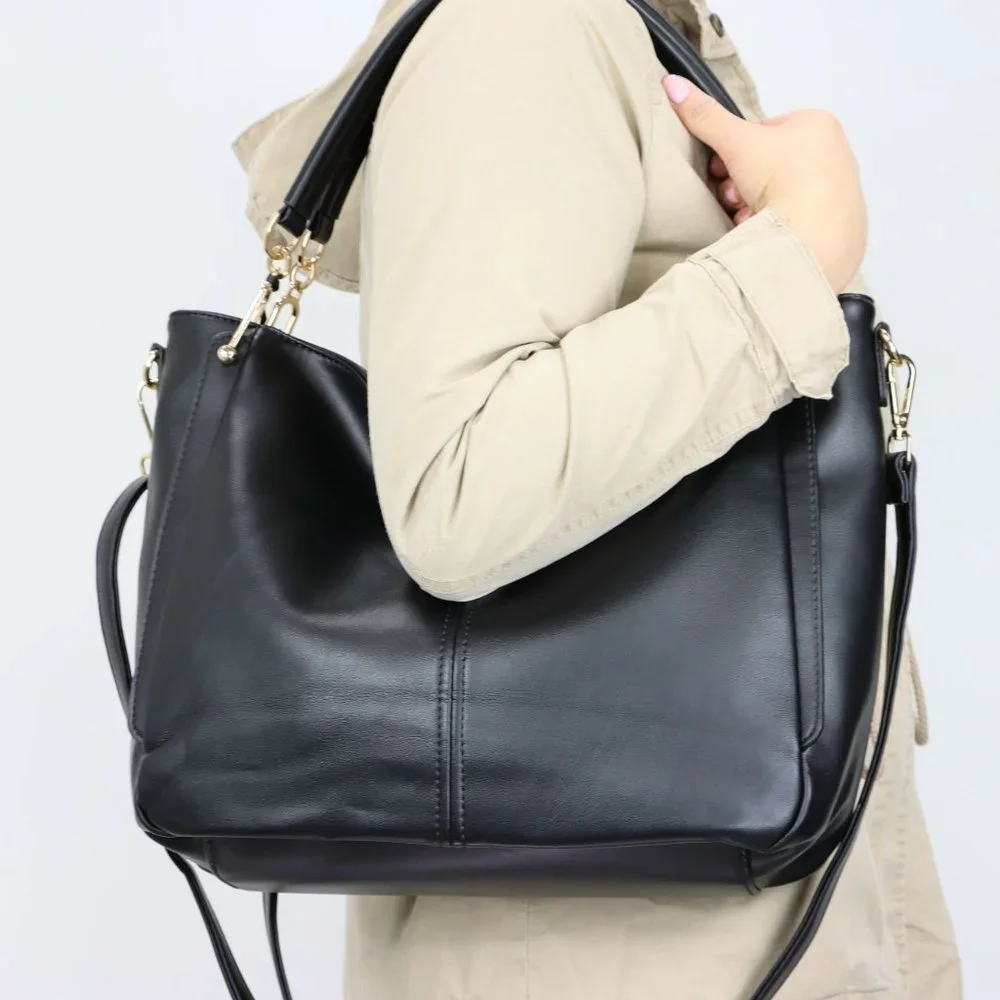 Black Faux Leather Purse and Wallet 2 in 1 Set Tote Hobo Bucket Shoulder Bag - Picture 10 of 12